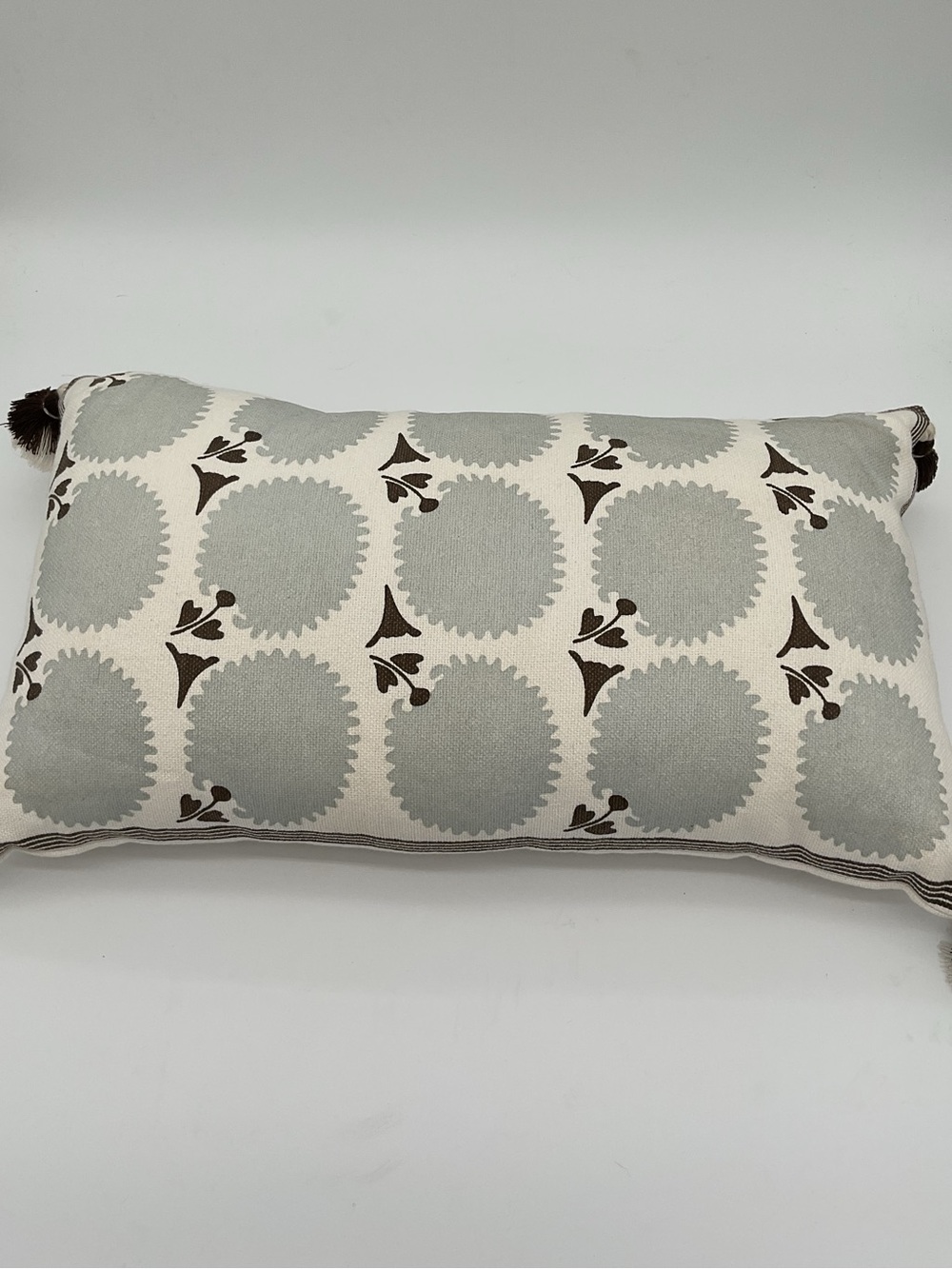 Serena & Lily Cream Lumbar Pillow with Light Gray Medallions and Brown Accents